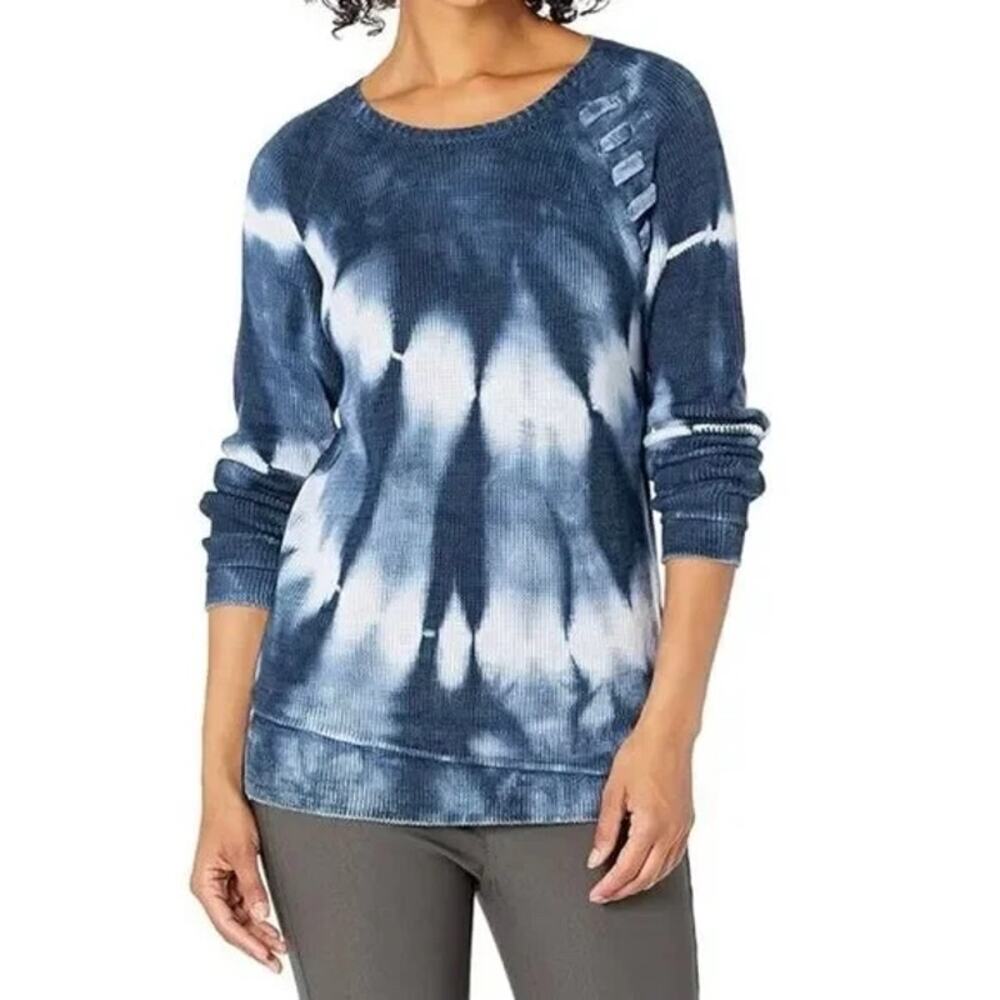 NIC+ZOE Find Your Angle Blue White Tie-Dye Shibori Lace-Up Shoulder Sweater SZ L